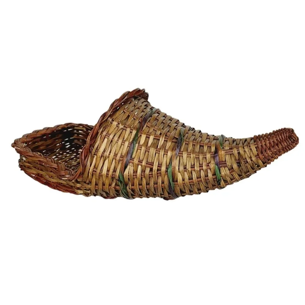 Vintage Horn Of Plenty Cornucopia Woven Wicker Vase Bohemian Boho Basket Wall